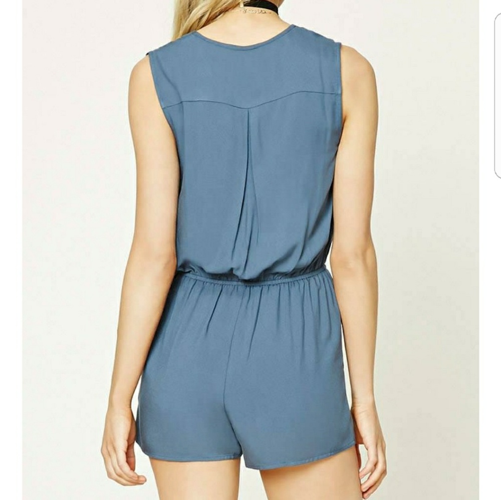 Powder Blue Lace-Up Romper - Picture 7 of 7